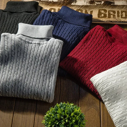 Autumn Winter New Men's Roll neck Sweaters Knitted Jacquard Pullover Warmth Long Sleeved Solid Color Classic Casual Clothing.