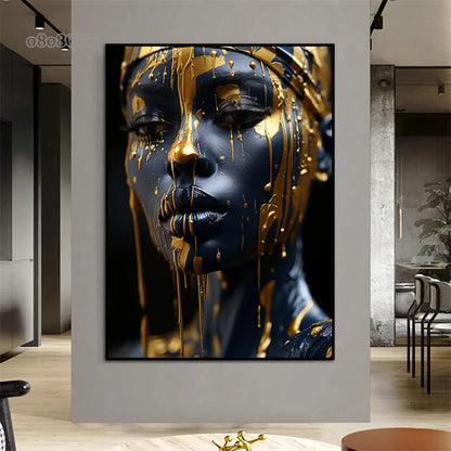 Golden Radiant African Beauty Art Posters Print Canvas Painting Modern Fashion Portrait Wall Art Mural for Liivng Room Decor.