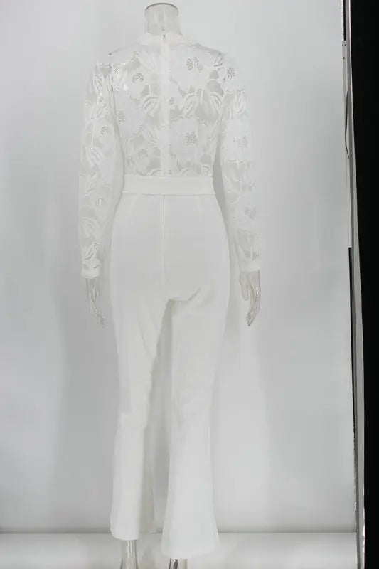 Women White Jumpsuit Lace Stitching Long Sleeve V-neck Large Size Wide Leg Pants Office Lady  Jumpsuits for Woman Lugentolo.
