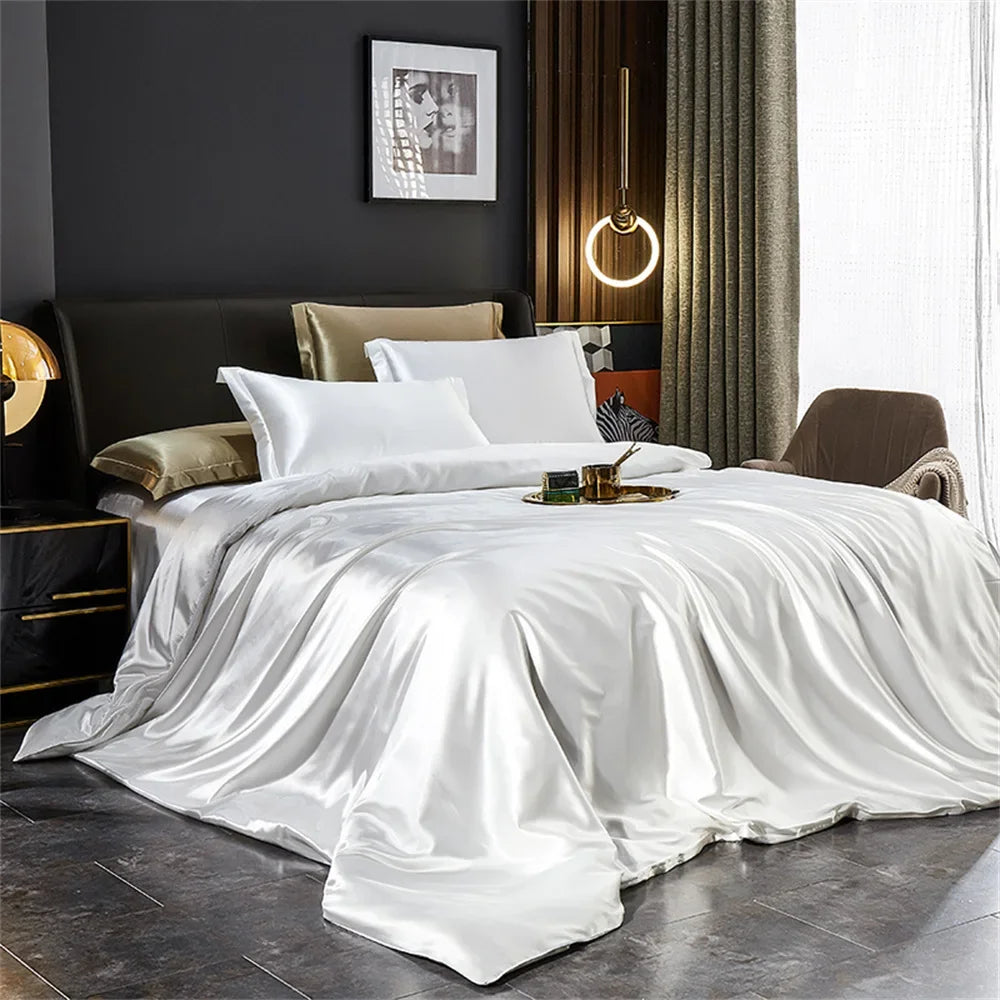 Solid Silk Bedding Set with Duvet Cover Bed Sheet Pillowcases Luxury Satin Single Double Bedsheet King Queen Twin Size.