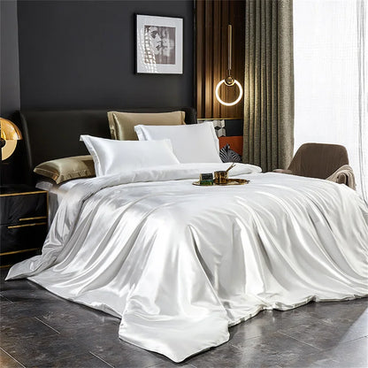 Solid Silk Bedding Set with Duvet Cover Bed Sheet Pillowcases Luxury Satin Single Double Bedsheet King Queen Twin Size.