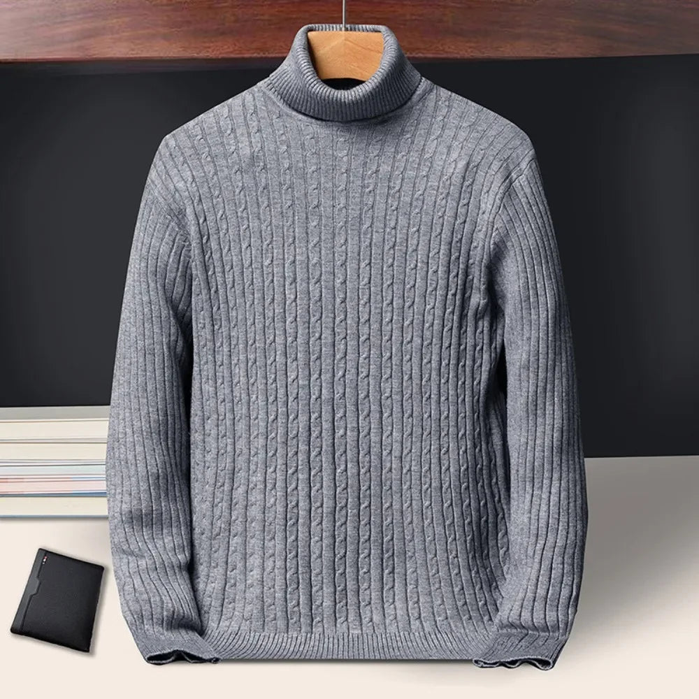 New Men's Turtleneck Sweaters Autumn Knitted Striped Streetwear Warm Long Sleeved Pullover Solid Color Basic Style Casual Tops.