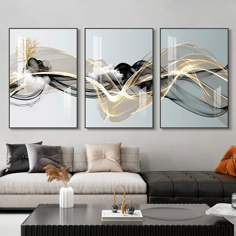 3 Pieces Nordic Luxury Ribbon Abstract Landscape Wall Art Canvas Paintings Modern Gold Deer Poster Print Picture for Home Decor.
