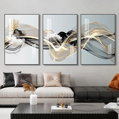 3 Pieces Nordic Luxury Ribbon Abstract Landscape Wall Art Canvas Paintings Modern Gold Deer Poster Print Picture for Home Decor.