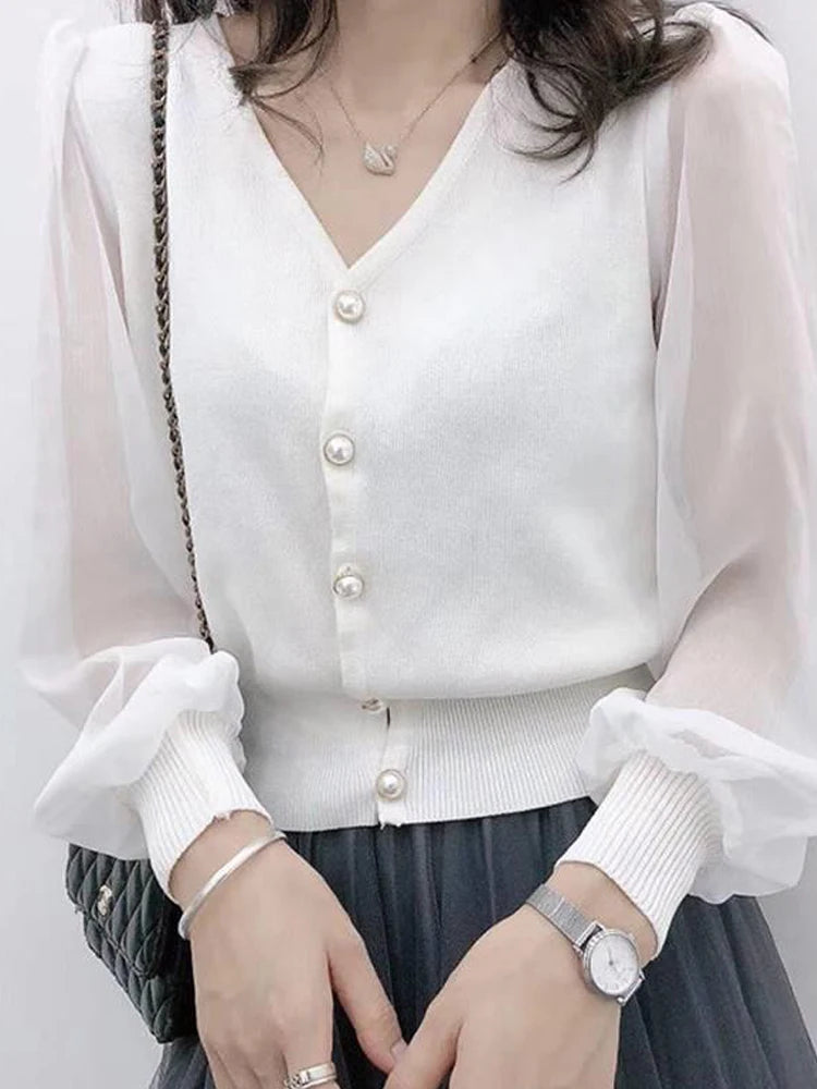 clothe Women's Spring Autumn Style Chiffon Blouses Shirt Women's Knitted Button Long Sleeve Solid Color Lace Patchwork Tops.