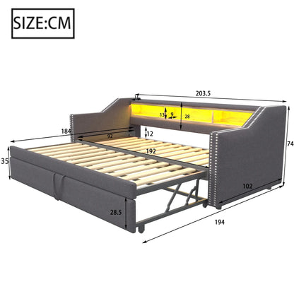 Ausziehbares Schlafsofa 90/180 x 190 cm, multifunktionales Aufbewahrungsfach, LED-Licht und USB-Buchse, mit Gitter, Dunkelgrau