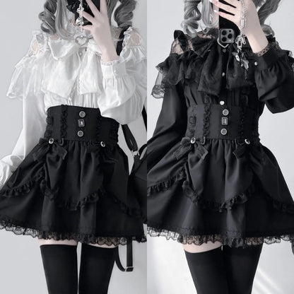 Japanese Mine Lolita Bow Shirt Subcultural Shirts Female Cute Black and White Lace Long-sleeved Short-sleeved Blouse Women.
