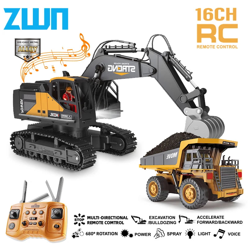 ZWN 1/16 1/20 Remote Control Excavator Dump Truck RC Model Car Toy Professional Alloy Simulation Construction Vehicle for Kids.