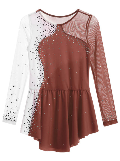 6-16Y Mädchen Eiskunstlauf Tanz Kleid Ballett Gymnastik Trikot Langarm Shiny Strass Sheer Mesh Leistung Dancewear