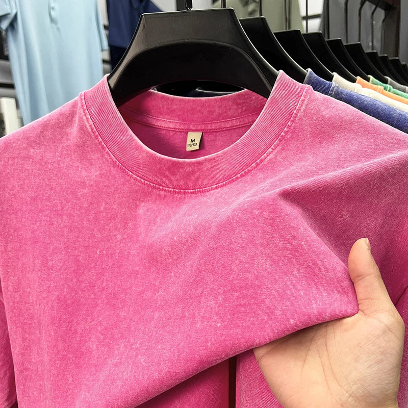 Personality washed vintage short sleeve T-shirt high-end 100% pure cotton men fashion round neck comfort lightweight casual top