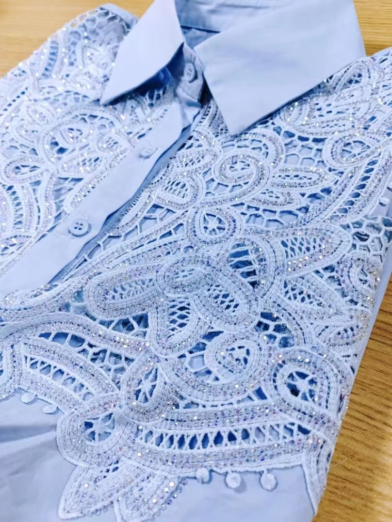 Luxury Brand Sparkle Sequins Hollow Out Embroidery Cotton Blue Blouses Shirts Women 2025 Fashion Long Sleeve Loose Casual Top.