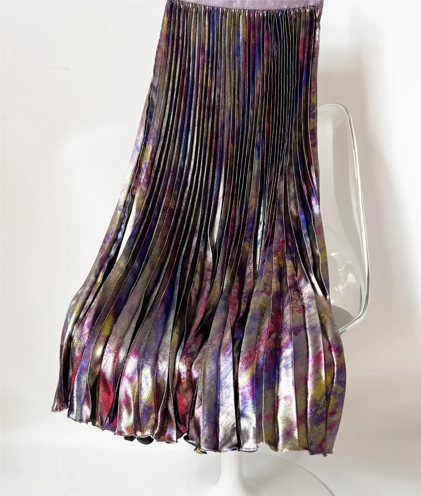 Shiny Colorful Luxury High Waist Metallic Pleated Midi Skirt 2025 Fashion Trends Elastic Waistband Pleated Skirt Old Money Style