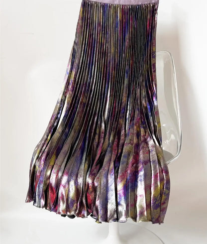 Shiny Colorful Luxury High Waist Metallic Pleated Midi Skirt 2025 Fashion Trends Elastic Waistband Pleated Skirt Old Money Style