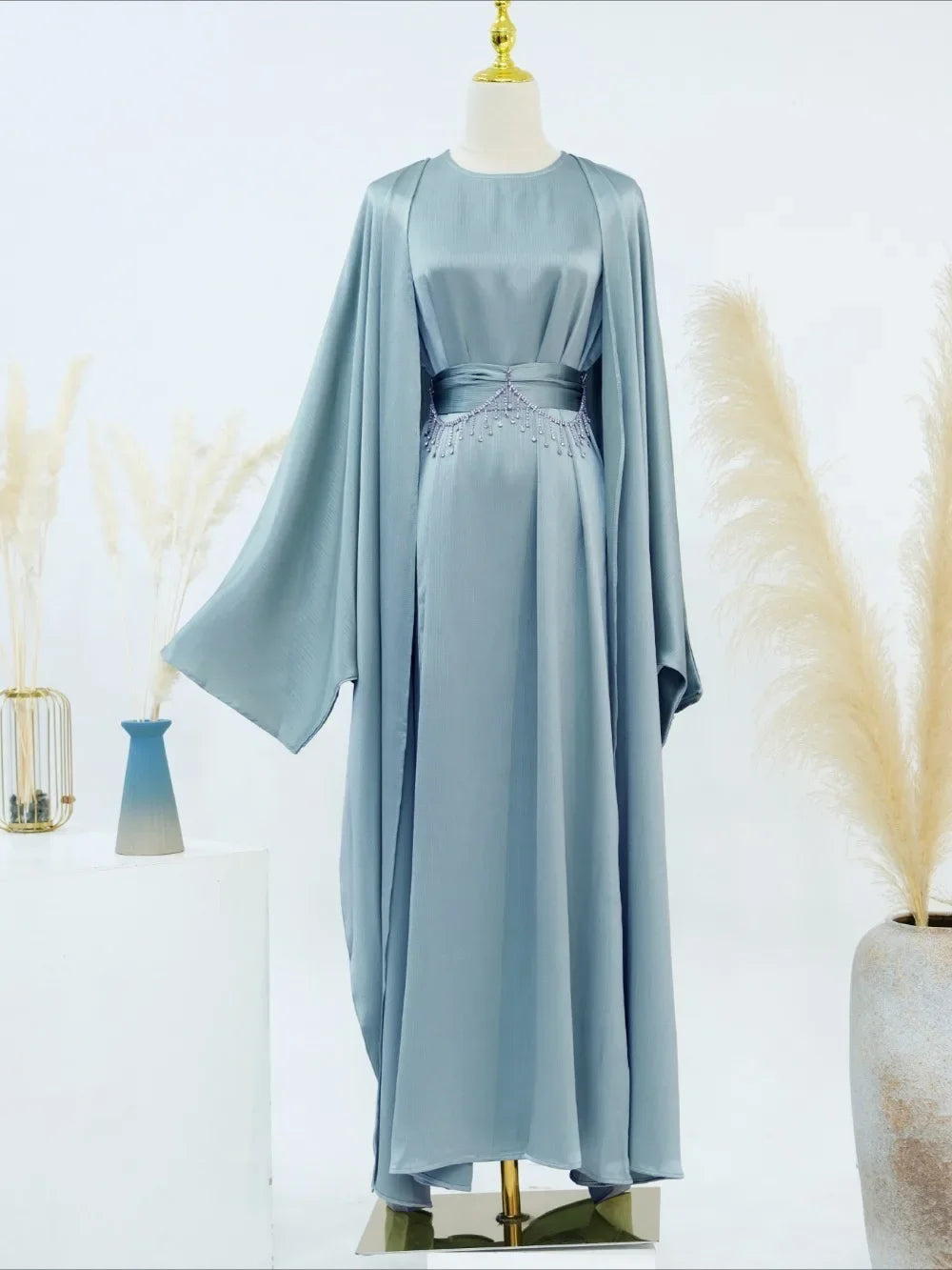 Ramadan Muslim Women 2 Piece Set with Chain Party Dresses Abaya Eid Jalabiya Sashes Diamond Morocco Dubai Kaftan Cardigan Robe