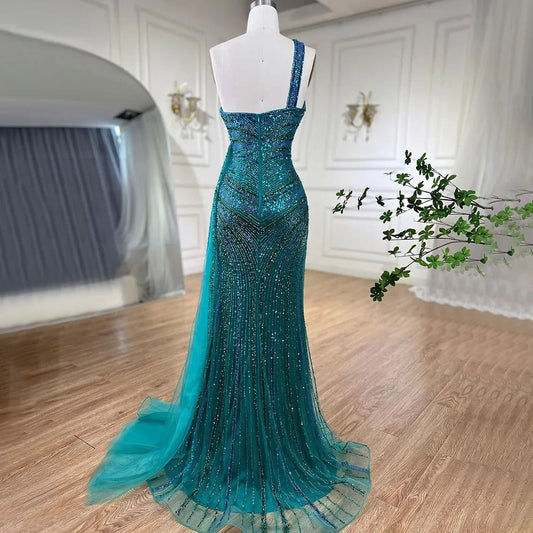 Blau Grün Meerjungfrau Sexy High Split One Shoulder Perlen Lange Abendkleider Kleider Anpassen Hochzeit Party BLA72104 Serene Hill