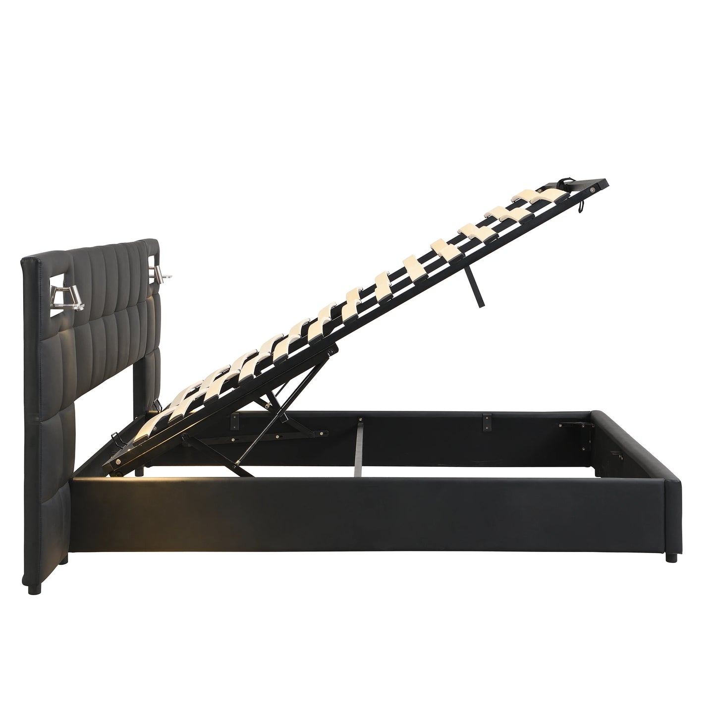 Polsterbett 180 x 200 cm, hydraulisches Bett, mit USB-Anschluss, kabelloses Laden und beleuchteter Lampe, mit Stauraum