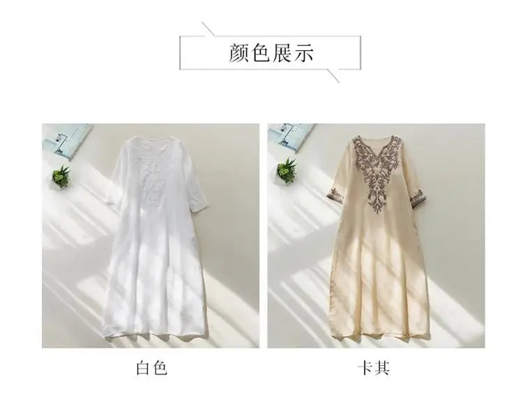 Ethnisches Vintage-Kurzarmkleid aus schwerer Stickerei aus Baumwolle und Leinen für Damen, lockeres langes Sommerkleid mit V-Ausschnitt und elegantem Stil.