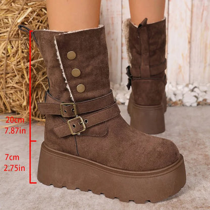 Brown Chunky Platform Women's Snow Boots Winter Retro Button Buckle Detor Snow Boots Woman Faux Suede Keep Warm Botas Mujer.