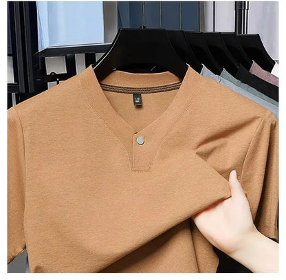 Men's T-shirt Classic V-Neck Short Sleeved Cotton Solid Button Super Soft High Quality L-4XL Casual Tshirt Design Men Tee Shirts.