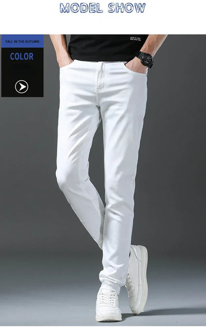 2025 Spring Summer New 98%Cotton Men's Slim Jeans Straight Casual Fashion Pencil Pants High Quality Trousers Male Clothes White.