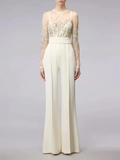 HIGH STREET Newest 2024 Designer Runway Fashion Women's Mesh Splicing Sequin Diamonds Beaded Jumpsuit.