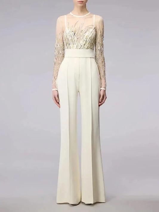 HIGH STREET Newest 2024 Designer Runway Fashion Women's Mesh Splicing Sequin Diamonds Beaded Jumpsuit.