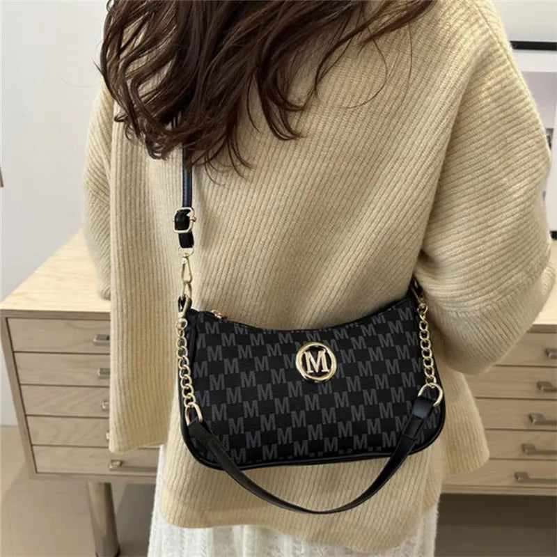 Vintage Style Handbag Crossbody Bag, Gold Letter 'M' Design Pu Leather Shoulder Messenger Bag, Synthetic Leather Tote Bag, Purse.