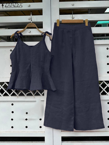 ZANZEA Women Stylish 2 Pieces Pant Sets Spaghetti Straps V-Neck Ruffled Camisole Tops & Wide Leg Pants 2pcs Suits Woman Outfits.
