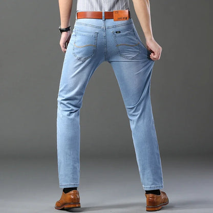 Spring Autumn Business Men Jeans Casual Straight Stretch Fashion Classic Black Sky Blue Grey Work Denim Trousers Brand Clothing.