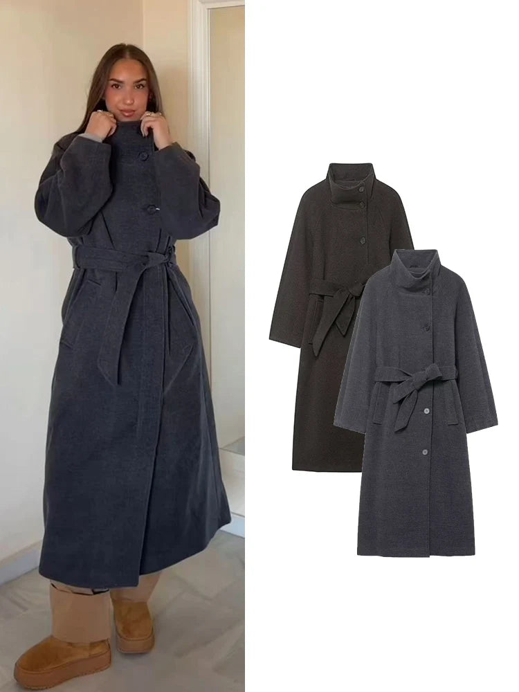 TFMLN Lange Mäntel für Damen mit Stehkragen, 2025, Winter, neuer Trenchcoat mit Gürtel, Vintage, einfache Oberbekleidung, elegante Mode, weiblich