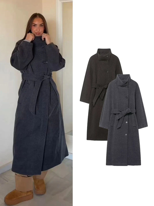 TFMLN Lange Mäntel für Damen mit Stehkragen, 2025, Winter, neuer Trenchcoat mit Gürtel, Vintage, einfache Oberbekleidung, elegante Mode, weiblich
