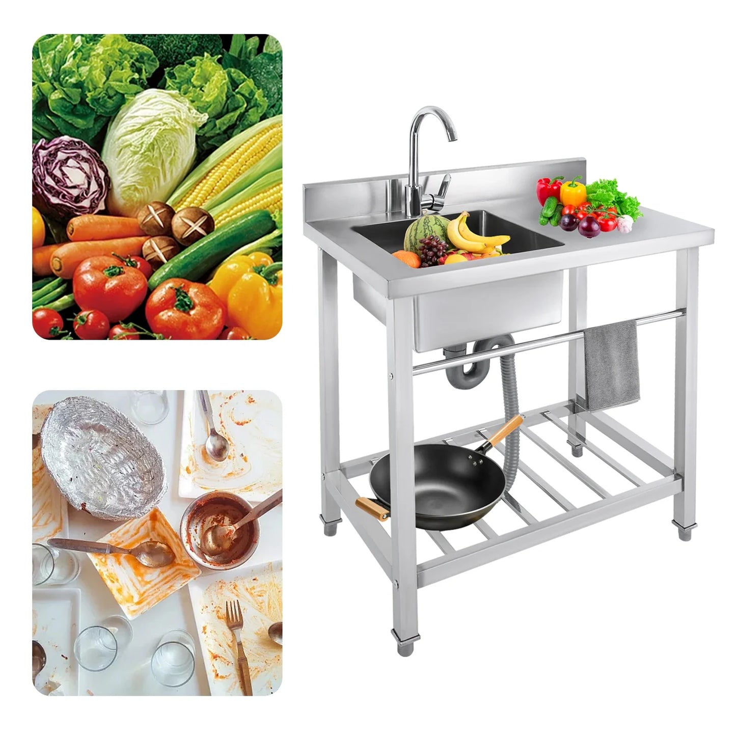 Kitchen Sink with Base Cabinet, Stainless Steel Sink 80 cm Wide with Trim, Freestanding Sink with Tap, Drain Hose, Kitchen Sink