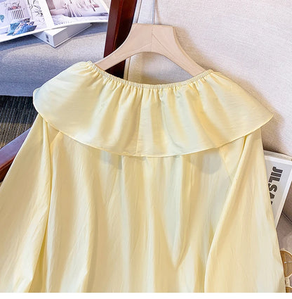 2025 French Large Size Long Sleeve O-neck Solid Color Loose Ruffle Shirt Ladies Spring Autumn Plus Size Blouses for Women.