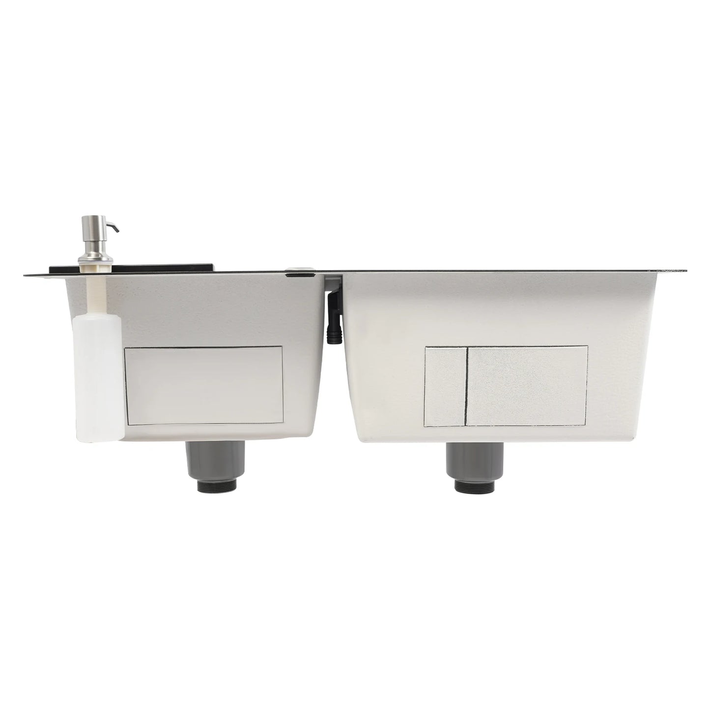 Doppelschüssel-Spüle, Küchenspüle aus Edelstahl, modernes Küchenspülen-Set (Drainpipes + Siebgefäße + Abflusskorb + Seifenspender)