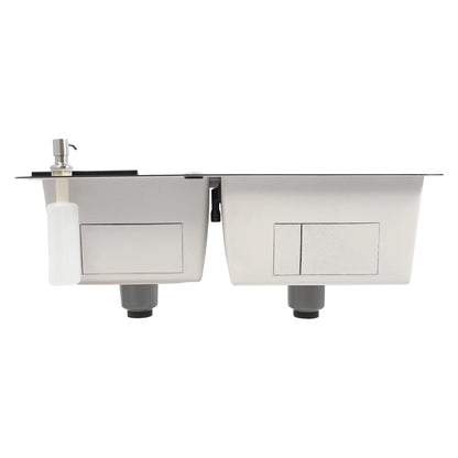Doppelschüssel-Spüle, Küchenspüle aus Edelstahl, modernes Küchenspülen-Set (Drainpipes + Siebgefäße + Abflusskorb + Seifenspender)
