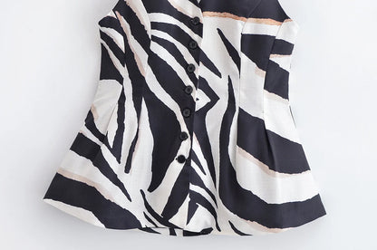 HH Women Pants Suit Fashion Zebra Stripes Single Breasted Sexy Sleeveless V-Neck Top+High Waist Zipper Casual Wide Leg Pants.