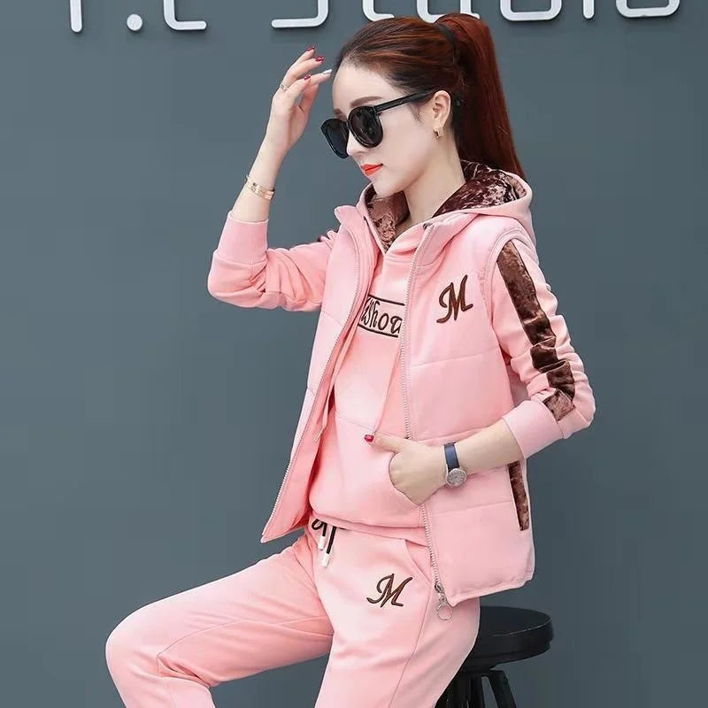 2024 Autumn Winter New Women's Casual Sweat Suit Fashion Plush Thickened Hooded Tops Waistcoat Pants 3 Three Piece Set For Women.