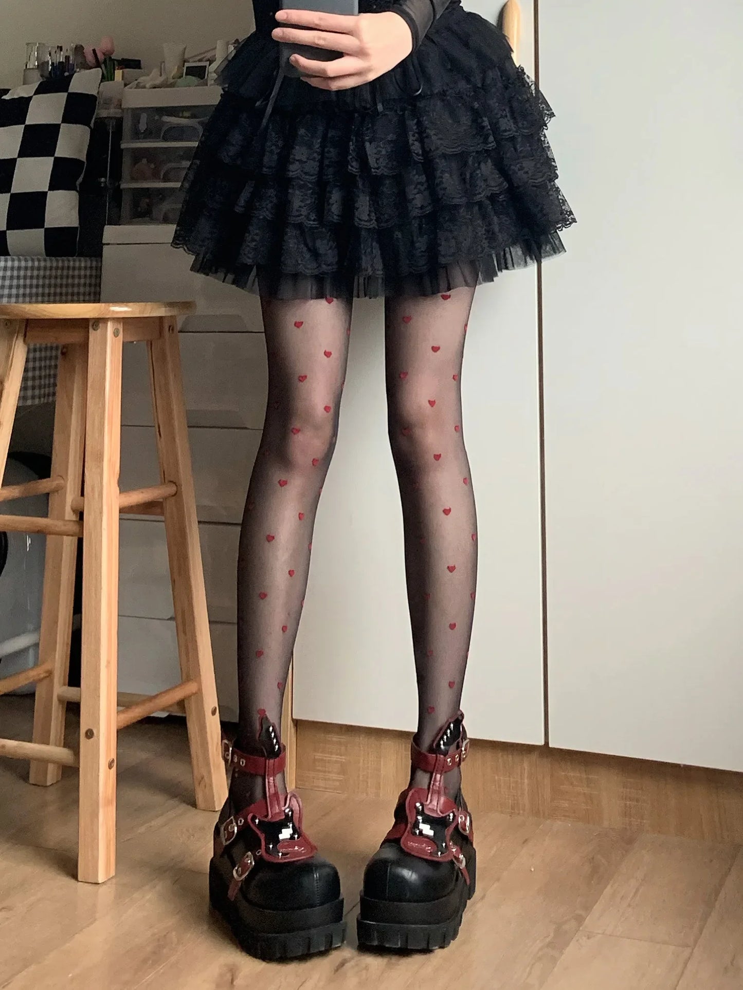 Sheer Kawaii Hosiery Ultra Thin Medias New JK Lolita Girl Thigh High Pantyhose Red Heart Print Women Tights Nylon Body Stockings.