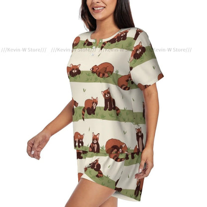 Damen-Pyjama mit kurzen Ärmeln, süßer roter Panda, 2-teilig, für Damen, Sommer-Nachtwäsche, Nachtwäsche, Homewear