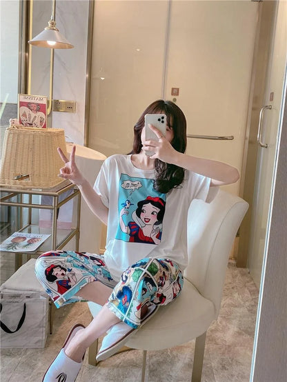 Sommer Pooh Bär Nachtwäsche frauen Lose Bequeme Cartoon Print Hause Kleidung Set Kurzarm Nachthemd Mickey Pyjama Set