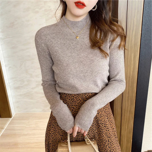 Herbst Winter Frauen Mock neck Pullover Pullover Tops Strickwaren Mode Weibliche Lange Hülse Dünne Elastische Beiläufige Gestrickte Shirts