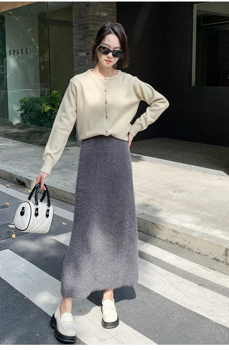 Autumn Winter New Knit Long Skirt Women Casual Thick Korean High Waist Soft A-Line Skirt
