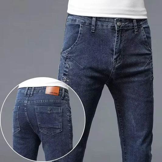 2024 New Men's Skinny Jeans Blue Gray Cotton Elasticity Straight Pencil Foot Slim Fit Fashionable Casual Denim Long Pants Male.