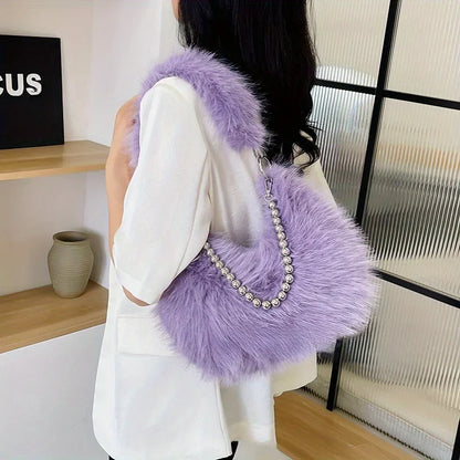 Luxurious Faux Fur Tote Bag Chic Underarm Shoulder Bag Stylish Handbag & Purse with Pearl Chain Strap, Polyester Lined Interior.