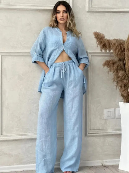 Spring Autumn Two Piece Sets 2024 Women Casual Long Sleeve Pocket Shirts 2 Piece Set Fashion Loose Wide Leg Pants Suit Outfites.