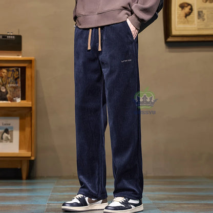 Autumn Winter Men's Corduroy Pants Elastic Waist Fashion Stretch Loose Straight Black Grey Thick Trousers Male Plus Size M-5xl