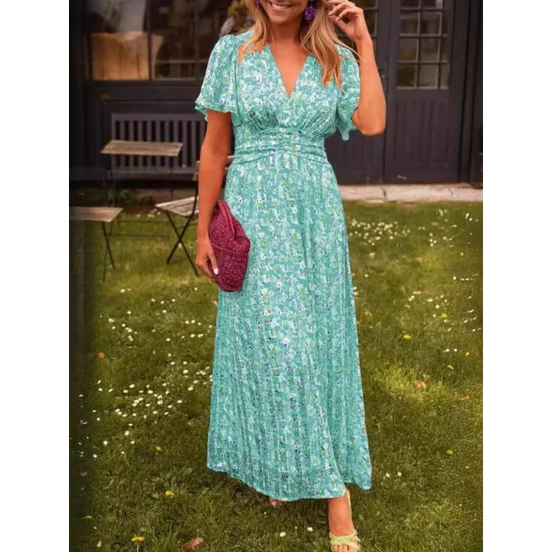 Shein 2024 Neues langes Damenkleid, elegantes bedrucktes, tailliertes Kleid mit V-Ausschnitt, modische Außenhandelskleidung.