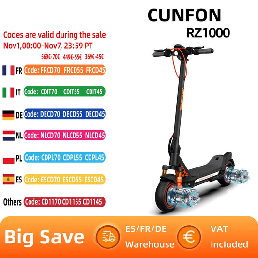 CUNFON RZ1000 Adult Electric Scooter 1200W*2 Motor 48V24AH Battery City EScooter 10.5 Inch Tire E-Scooter.