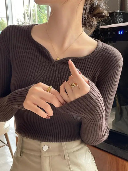 2025 grundlegende V-ausschnitt Chic Herbst Winter Pullover Frauen Weibliche Gestrickte Rippen Pullover Dünne Lange Hülse Badycon Hohe Qualität Pullover