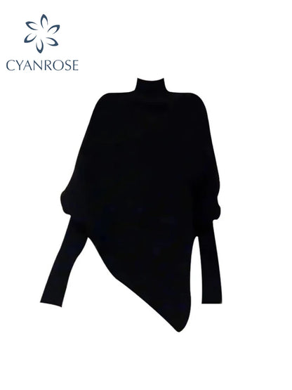 Women Black Gothic Pullover Sweater Harajuku Aesthetic Y2k Long Sleeves Turtleneck Knitted Sweaters Vintage 2000s Clothes Autumn.